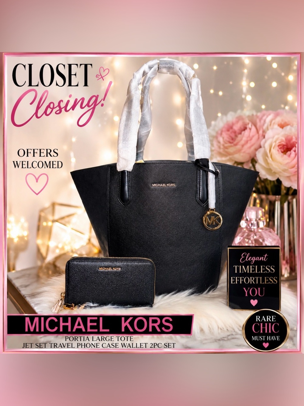 Michael Kors PORTIA Large Tote/JET SET
TRAVEL Phone Case Wallet 2pc Set